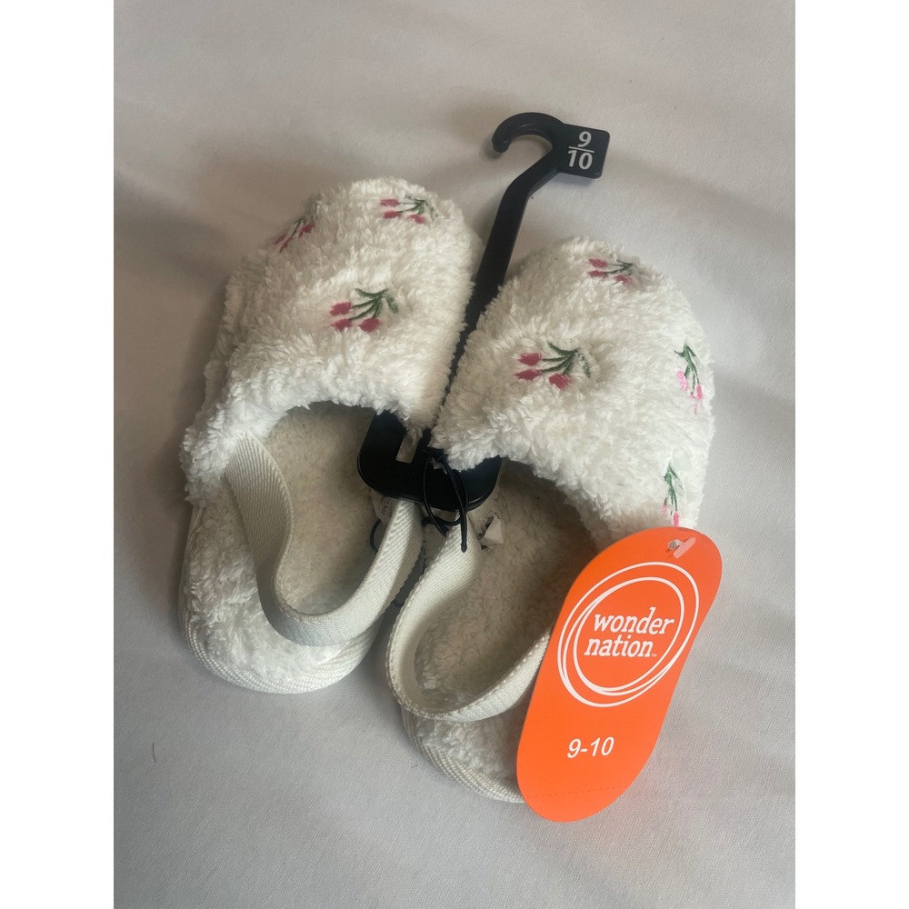 Wonder Nation Toddler Girls White Faux Fur Tulip Floral Slippers Size 9-10 NWT